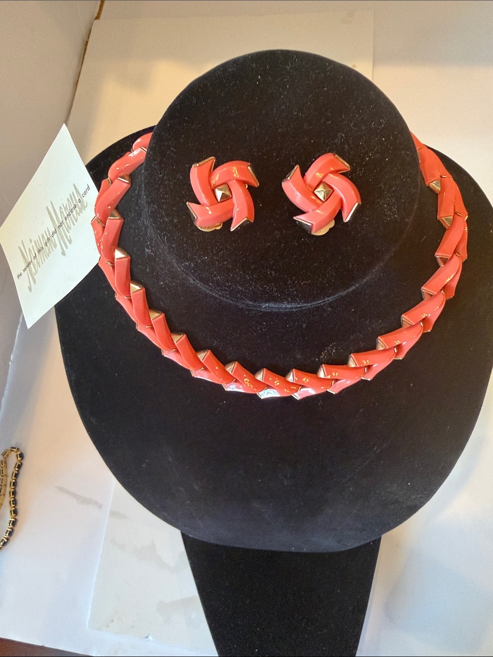 Neiman Marcus Coral Enamel Braided Necklace and Clip Earrings